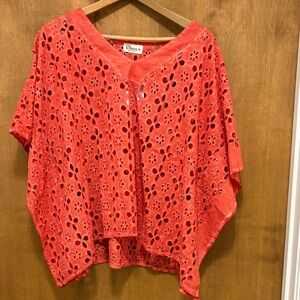 213. Rhea Costa Vibrant Coral Eyelet Blouse